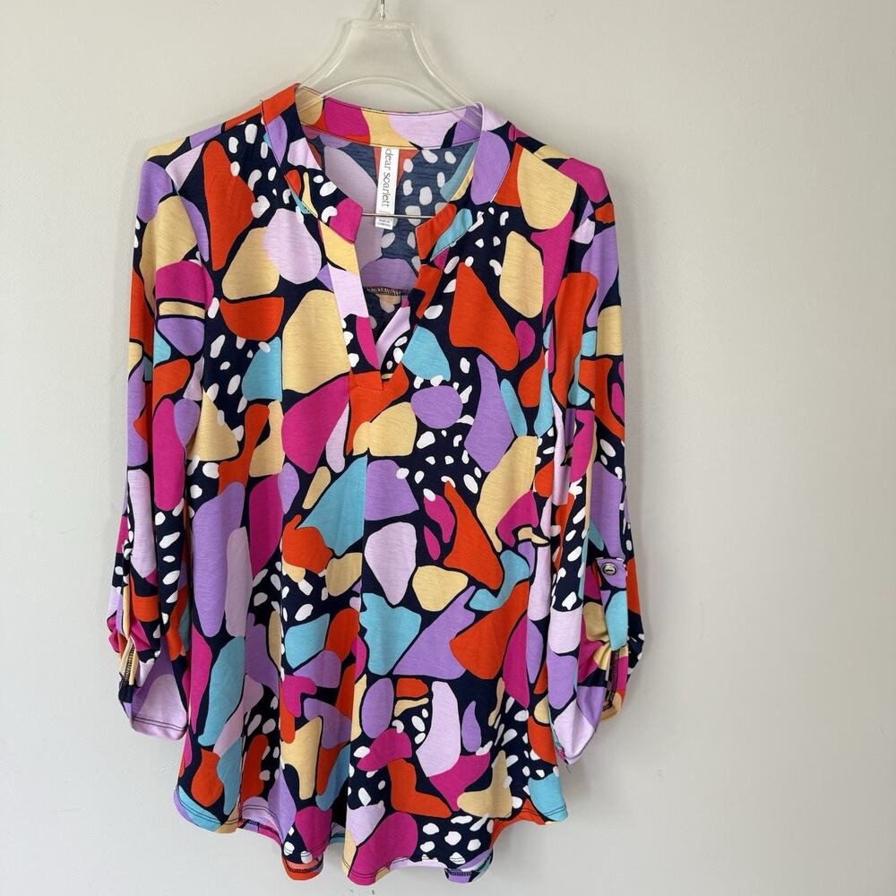 Dear Scarlett Lizzie Colorful Blouse Top Sz M 3/4 Roll Tab Sleeve V-neck READ